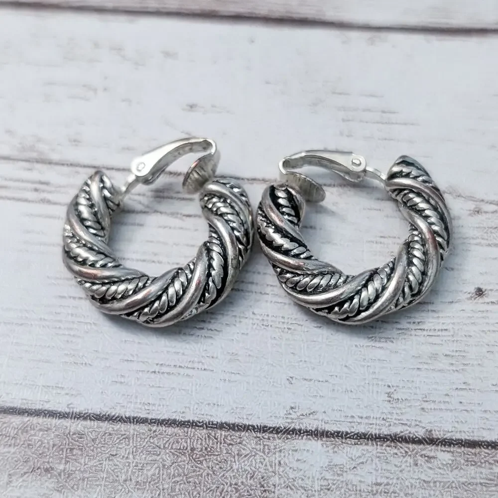 Vintage Clip On Earrings Silver Tone Twisted Rope Style Hoops - Some Tarnish